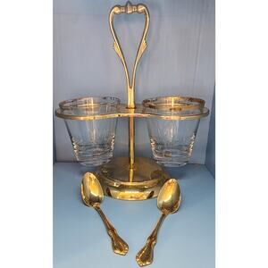 Vintage Mid-Century Gold Tone 2 Condiment Server Carousel With Spoons MCM